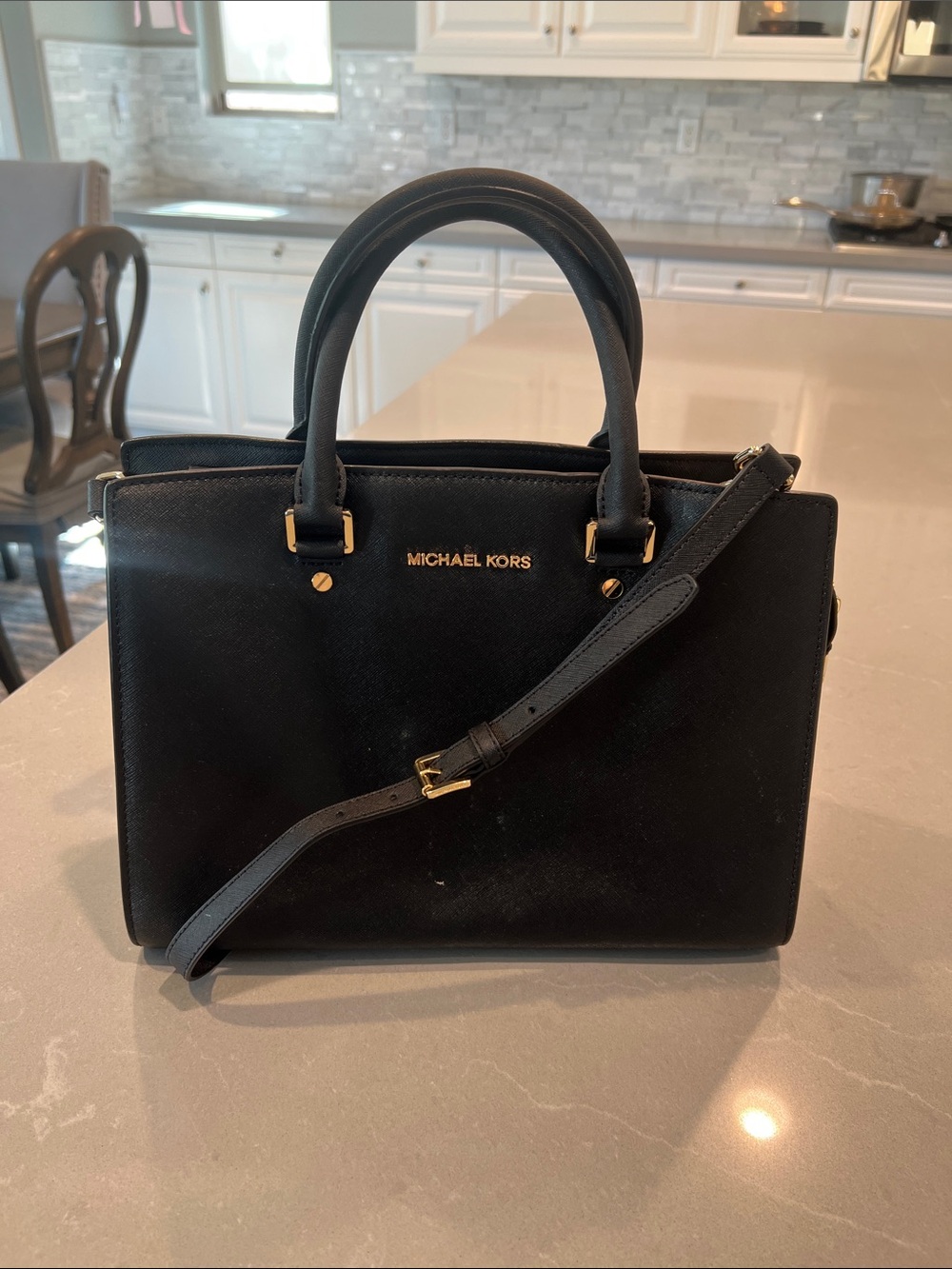 Michael Kors Black Saffiano Satchel with Gold Hardware